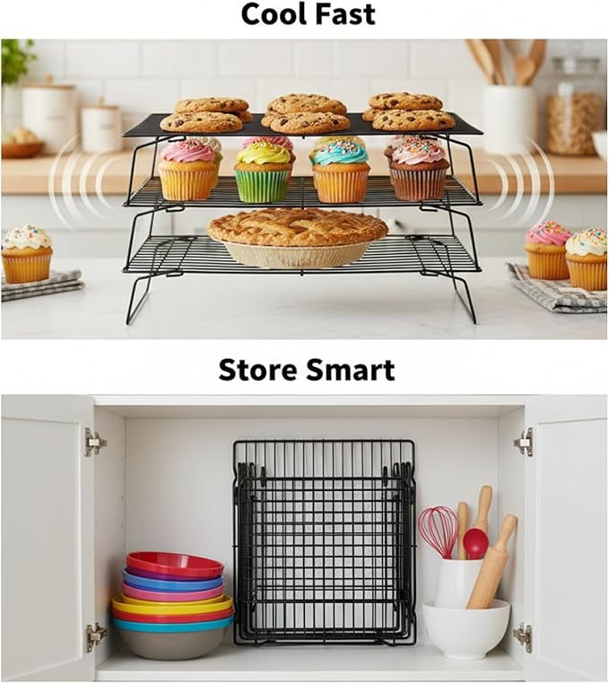 3-Tier Collapsible Cooling Rack for Baking, Stackable Cookie Rack with Detachable Design, Foldable Legs, Baking Sheets Set with 100 Pcs 6x8 Inch Baking Paper, 15.7x9.8 in Metal Cooling Rack
