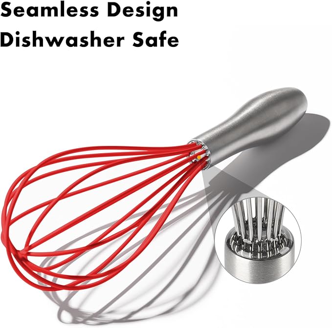 OYV 10-Inch Red Silicone Whisk, Heat Resistant 480°F Kitchen Whisk with Stainless Steel Ergonomic Handle, Non-Scratch for Nonstick Cookware, Dishwasher Safe, Perfect for Blending, Cooking & Beating