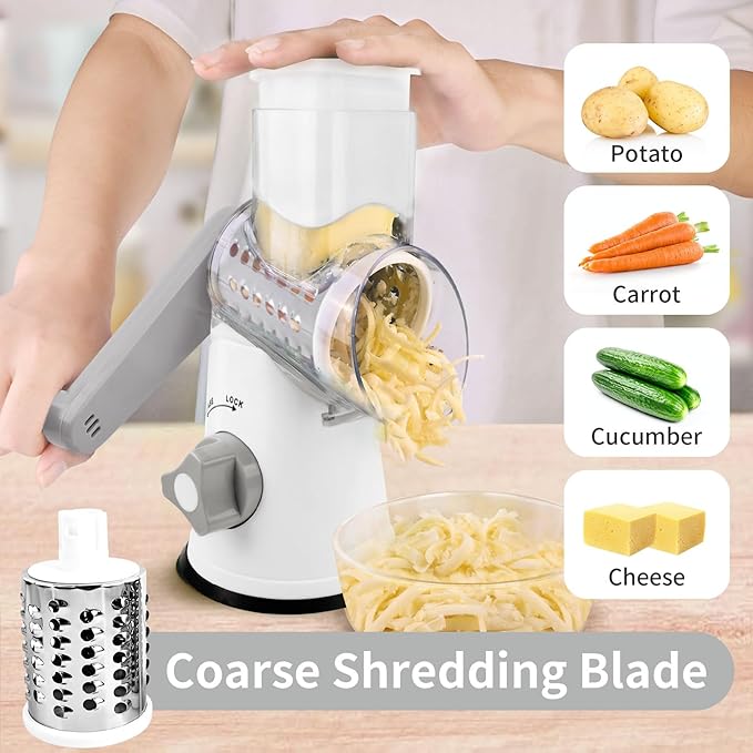 Rotary Cheese Grater, Manual Cheese Shredder with 3 Interchangeable Blades, Cheese Grater Hand Crank with Strong Suction Base, Easy to Use and Clean, White