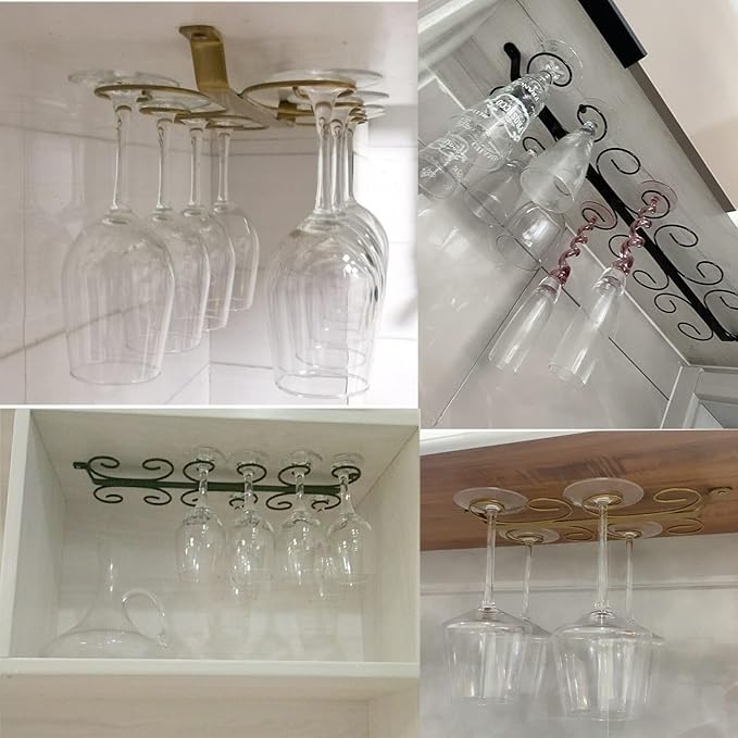 Under Cabinet Wine Glass Holder Iron 12 Hooks, Black Wire Hanging Rack, Storage Hanger Organizer, Space Saving, With 6 Hooks For Multiple Uses, Easy To Install