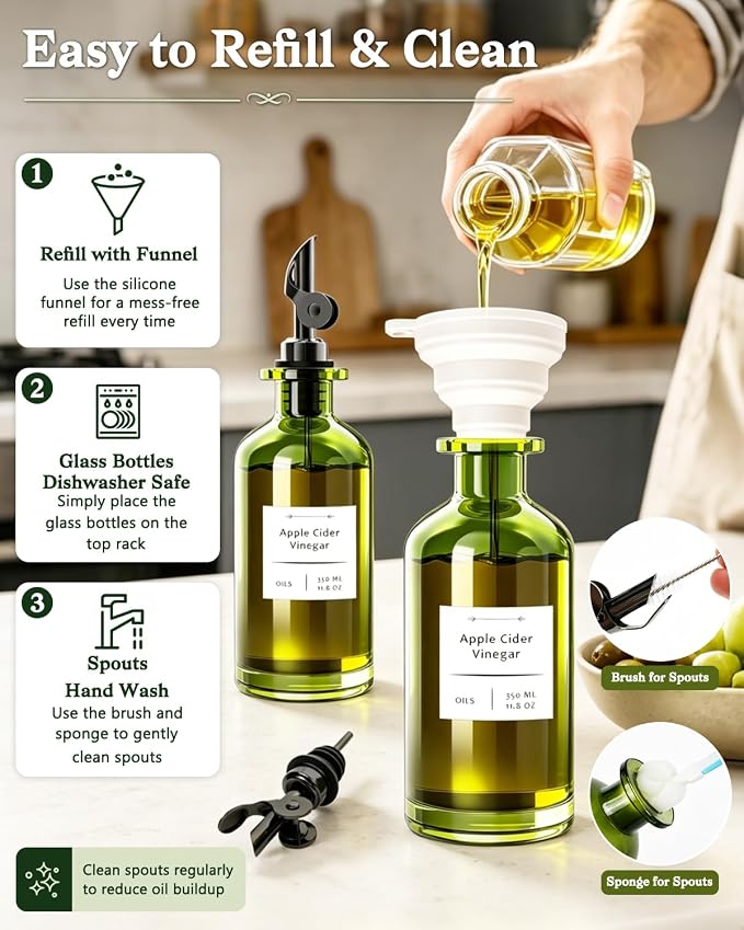 COOLMI Olive Oil Dispenser Set of 2, Dark Green Glass Bottles, 12 oz | Black Auto-Flip Drip-Control Spouts, Funnel, 2 Brushes, And 45 Labels For Oil, Vinegar, Soy Sauce, And Syrup.