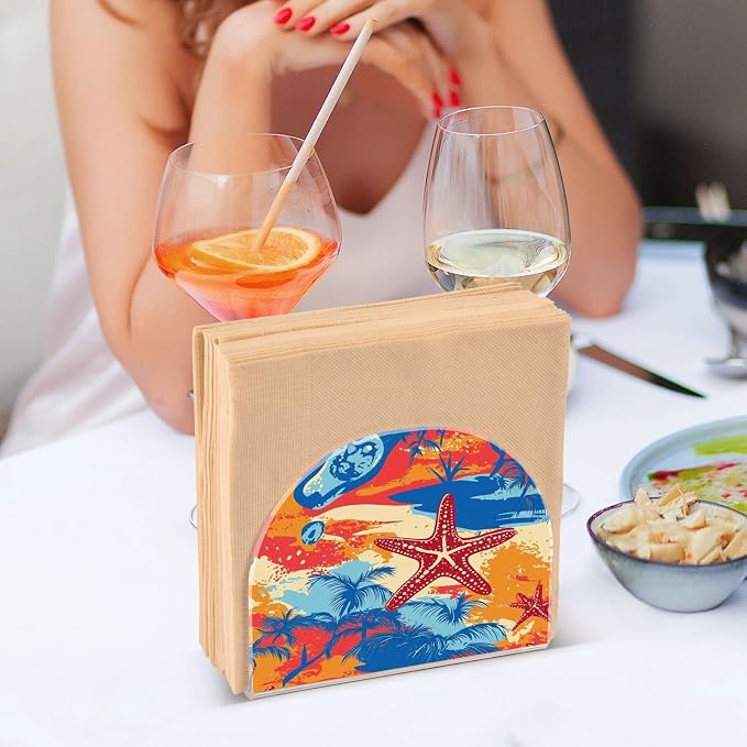 Napkin Holder Acrylic Napkin Holder for Table Kitchen Party Restaurant U Shaped Upright Napkin Dispenser Organizer Bright Summer Beach Starfish and Palm Tree