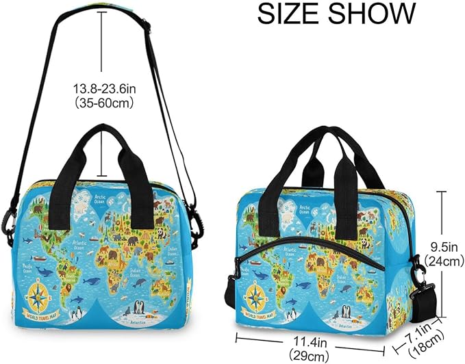 ALAZA Cute Blue Animal World Map Insulated Lunch Bag for Women Men Reusable Lunch Box Tote Bag Adjustable Shoulder Strap Cooler Bag Leakproof for Work School Picnic