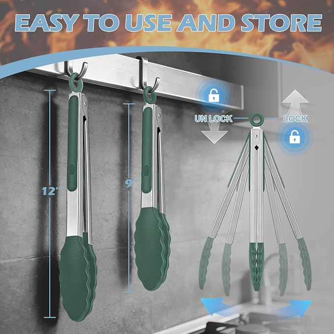 TACGEA Stainless Steel Kitchen Tongs with Silicone Tips, Locking Grilling Food Tongs, 9" and 12", Set of 2 Dark Green