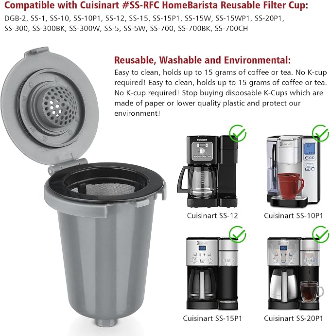 Newly upgraded Reusable Filter Cup for Cuisinart, Compatible with Cuisinart #SS-RFC HomeBarista Reusable Filter Cup, Light Gray (2 Pack)