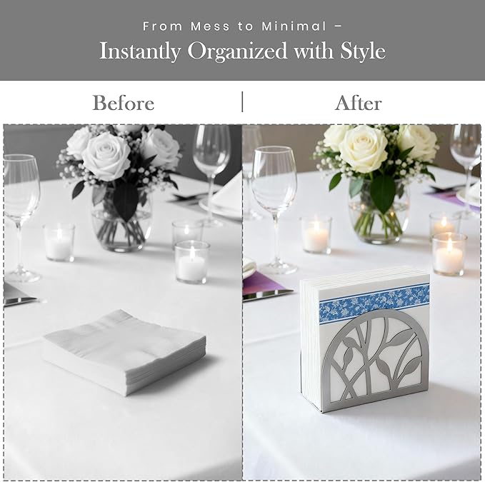 Napkin Holder for Table | Upright Napkin Stand with Decorative Leaf & Branch Design, Modern Metal Napkin Holder for Kitchen, Dining, Café, Office | Rust-Resistant Silver Finish