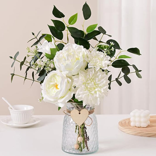 Livole Fake Flowers with Vase, White Real Touch Silk Artificial Flowers in Vase, Fake Plant Eucalyptus Flower Arrangement for Table Centerpieces, Table Decorations for Living Room, Coffee Table, Home