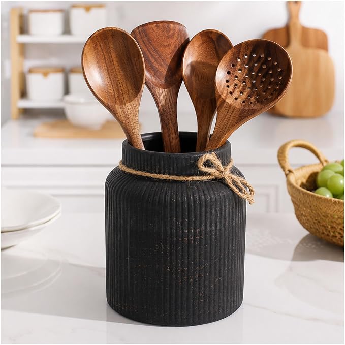 Farmhouse Ceramic Kitchen Utensil Holder for Countertop,Retro Country-Style Vertical-Striped Hemp Rope Design,Modern Kitchen Counter Organizer for Cooking Utensils ,Kitchen Decor & Decorative Vase