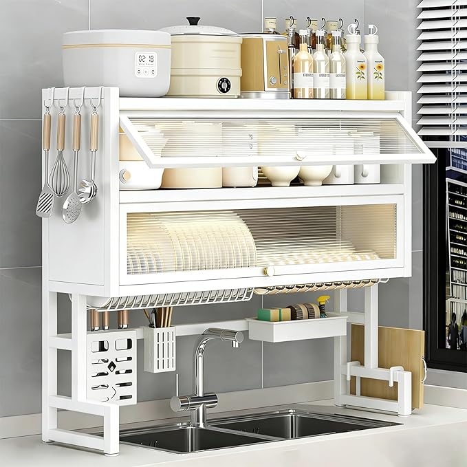Over Sink Dish Drying Rack, Iron Over The Sink Dish Rack, Over Sink Rack, for Dishes, Glasses, Bowls, Cutlery White 34.46in