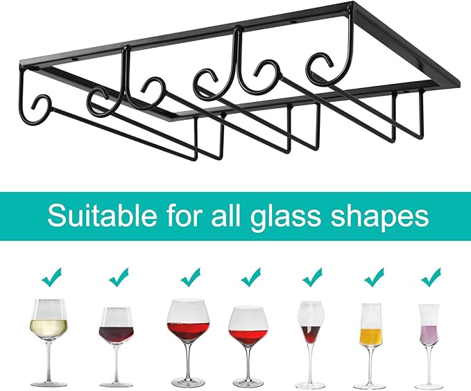 MOCOUM Under Cabinet Glass Rack, Stemware Hanger - 3 Rows Wine Glass Holder for Kitchen Cabinet Bar (Black)