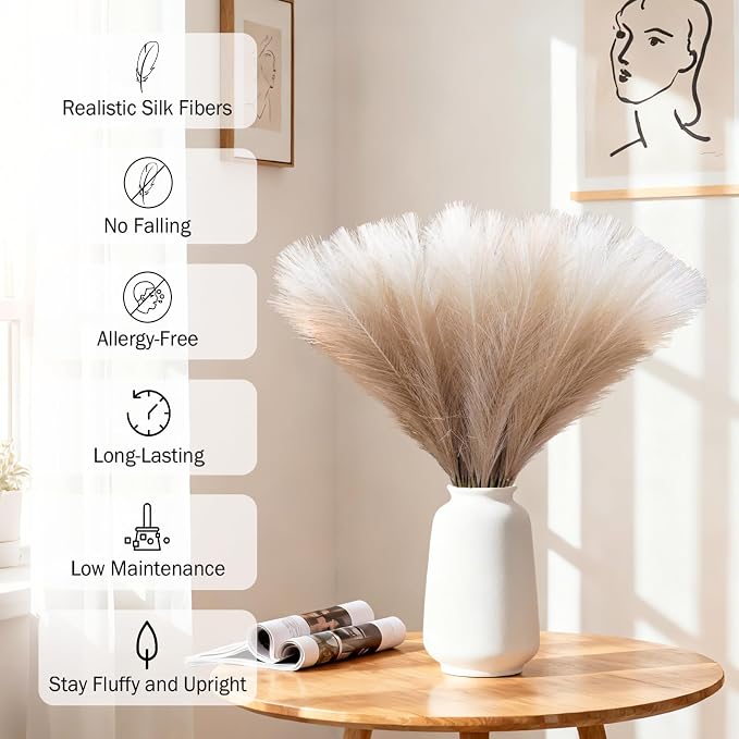 TORONTOKYO Brown Pampas Grass Decor, 50Pcs 21.6 inch Artificial Faux Brown Pompas Grass Small Short Fluffy Arrangement for Wedding Boho Home Decor Vase Filler