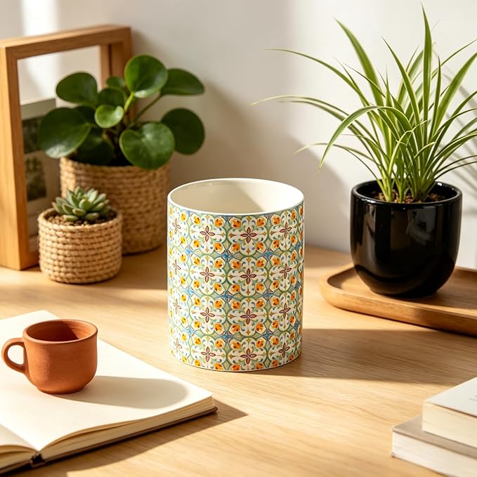 Kitchen Ceramic Utensil Holder Rustic, Floral Utensil Crock for Countertop, Embossed Pattern with Kiln-Fired Finish, Stable Vintage Utensil Holder for Kitchen Accessories, Housewarming Gift