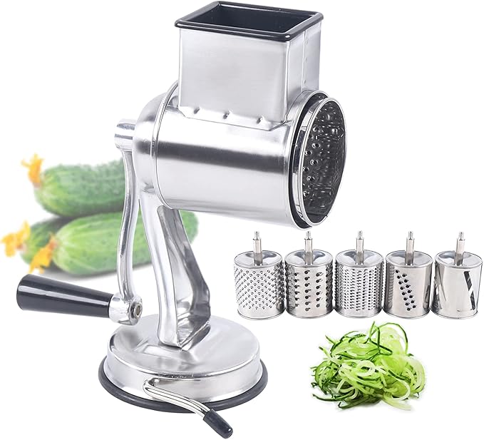 5-in-1 Rotary Cheese Grater Hand Drum Slicer Manual Cheese Shredder Multi-function Stainless Steel Vegetable Chopper Cutter with 5 Blades for Fruit Potato Cucumber Lemon Nut, Silver(Type1)