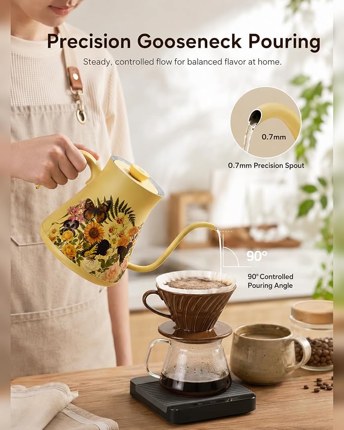 Olumaramio 0.8L/27oz Gooseneck Electric Kettle - ±1℉ Precise Temperature Control for Pour Over Coffee & Tea, 1200W Fast Heating, Auto Shut-Off, Built-in Brew Timer, BPA-Free Stainless Steel, Floral