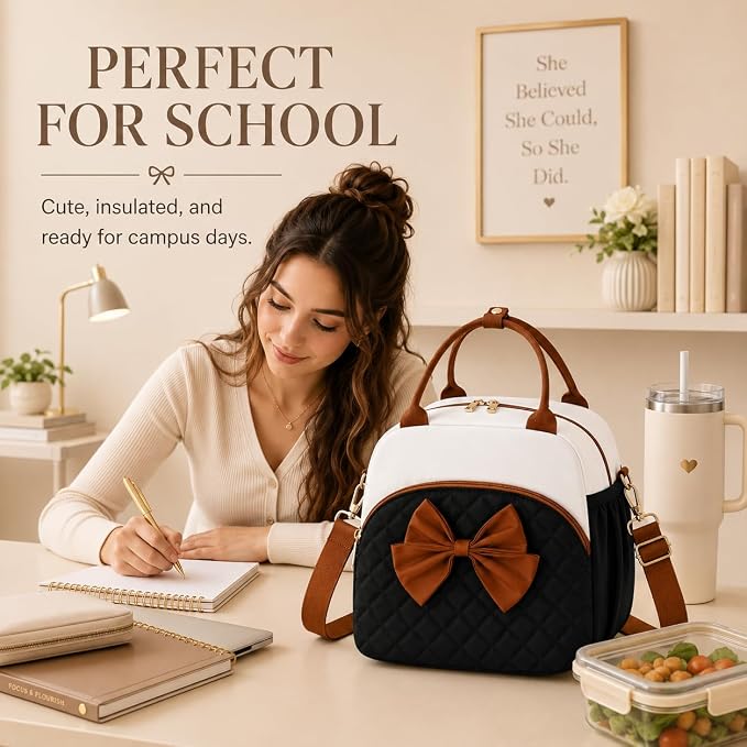 LEDAOU Lunch Box for Women, Insulated Lunch Bag Women with Adjustable Shoulder Strap, Cute Lunch Tote Bag for Work, Womens Lunch Bag with Bowknot, Front Zipper Pocket & Side Pockets