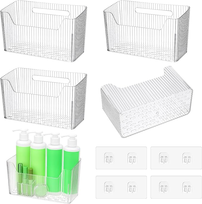 4-Pack Adhesive Cabinet Door Organizer Set, Clear Inside Cabinet Door Storage Bins with Drain Holes for Kitchen Bathroom Pantry Organization, Space-Saving Mountable Caddy