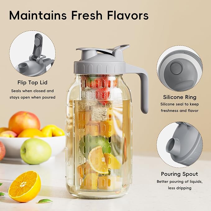 64 oz Glass Pitcher with Lid, Heavy Duty Wide Mouth Mason Jar with Pour Spout, Tea Jug Airtight Seal for Freshness and Convenience, Great for Cold Beverages, Breast Milk and Infused Drinks