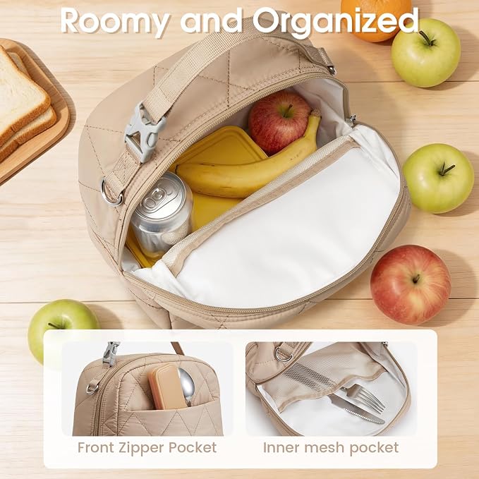 G4Free Large Insulated Lunch Bag, Leakproof Quilted Lunch Box Women Men, Reusable Puffer Lunch Bag For Work Picnic Travel, Khaki