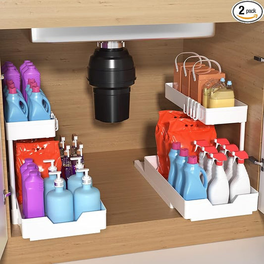 Under Sink Organizers and Storage, L-Shape Kitchen Bathroom Organization, 2-Tier Sliding Storage Under Bathroom Kitchen Sink Cabinet Organizer Shelf Pull Out 2 Pack (White)