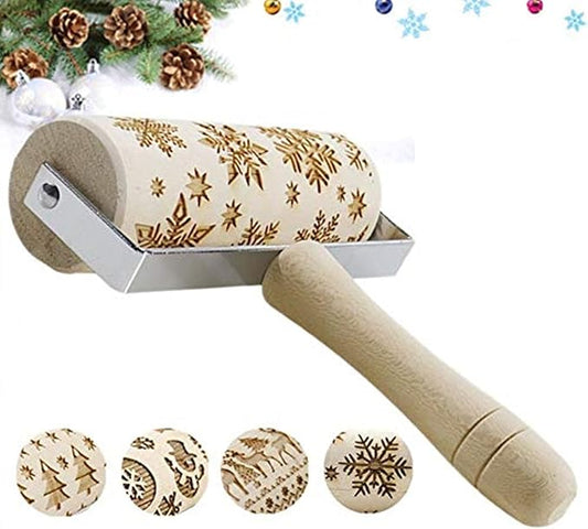 3D Wooden Christmas Embossed Pattern Rolling Pin, Laser Engraved Pastry Pizza Baking Roller Pin for Christmas Cookies Baking Non Stick (Christmas Snowflake)