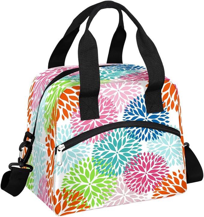 Pardick Colorful Flower Floral Insulated Lunch Bag for Women Girl Reusable Lunch Tote Box With Shoulder Strap Lightweight Thermal Cooler Meal Prep Bag for Work School Office Picnic