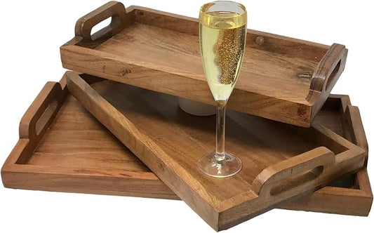 Set of 3 Acacia Wood Hors D'oeuvres Serving Trays with Side Handles– Perfect for Ottoman, Breakfast in Bed, Dinner, Coffee Table, Living Room, Bedroom, Entryway, and Kitchen