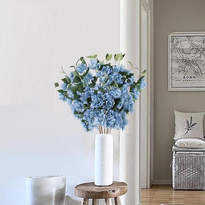 10PCS Bougainvillea Artificial 29.50" Blue Bougainvillea Silk Flowers Vines Faux Bougainvillea Flower Stems Fake Flowers Branches for Home Garden Decoration Wedding Table Centerpieces (Blue)