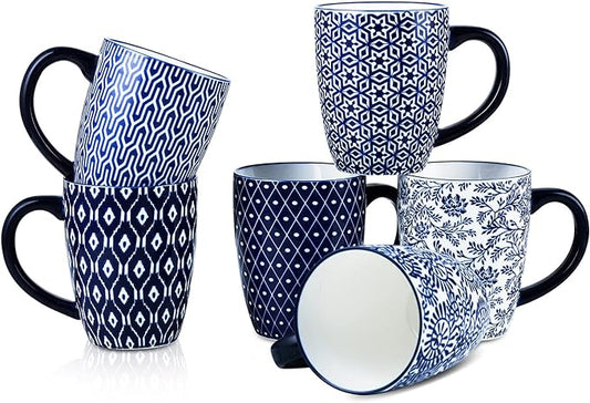 Selamica 16 oz Ceramic Coffee Mugs Set of 6, Ceramic Tea Cup with Handle, Dishwasher oven microwave safe, Vintage Blue