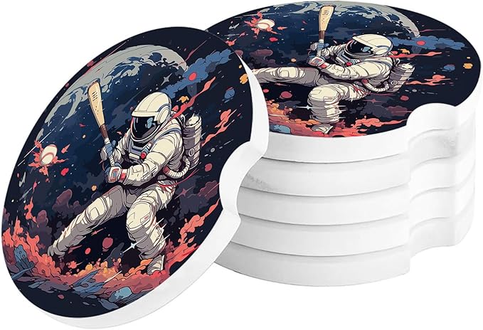 Car Coasters for Cup Holders 2.6" Dia Absorbent Coasters Set of 6 Car Interior Accessories for Women Men Ceramic Car Coaster for Drinks with Finger Grooves,Watercolor Astronaut Baseball Theme Black