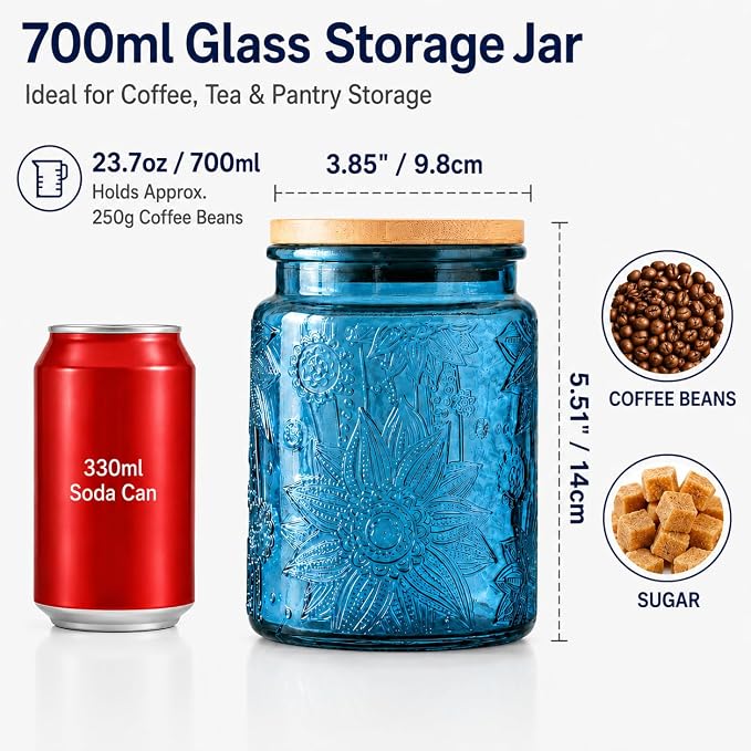 ANSQU Blue Glass Canister with Lid, 23.7 oz Vintage Embossed Glass Jar, Airtight Food Storage Container for Coffee Beans, Tea, Sugar, Candy, Cookies, Decorative Kitchen Pantry Organizer
