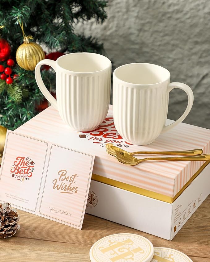 HASENSE Coffee Mugs Set of 2, 20 oz White Ceramic Coffee Cups Gift for Men and Women, Premium Large Latte Mugs with Handle, Modern Ribbed Design Tea Cups Come with Coaster & Gold Spoon Gift Box