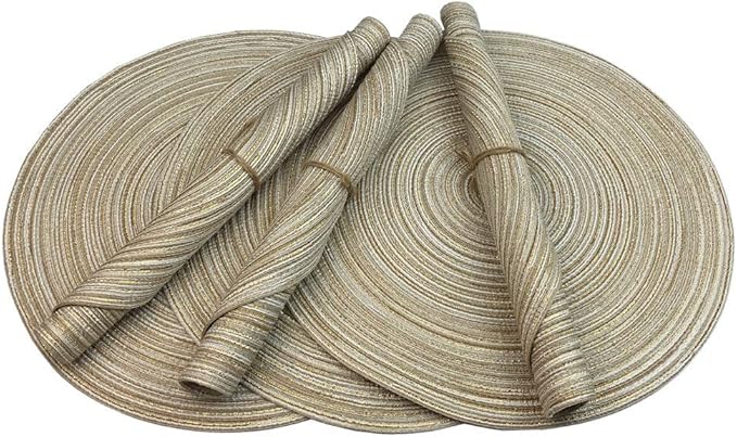 WAZAIGUR Red-A，Placemats,Round Placemats for Dining Table Set of 6 Woven Heat Resistant Non-Slip Kitchen Table Mats Diameter 14 Inch(Cream with Golden Silk)