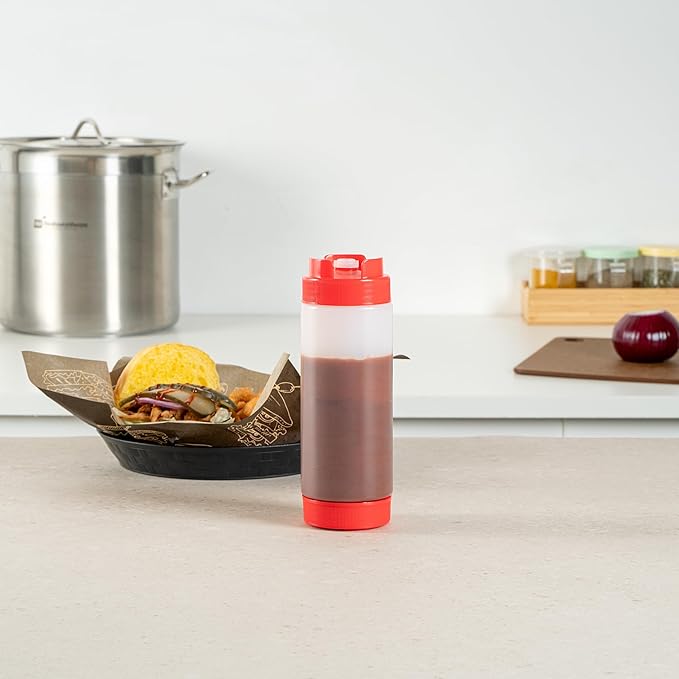 Restaurantware Plastic Squeeze Bottle 20 oz Refillable Condiment Bottle Large Valve Dishwashable Red Inverted Sauce Dispenser For Thick Condiments, Dressings, Batter, Sour Cream, And Syrups