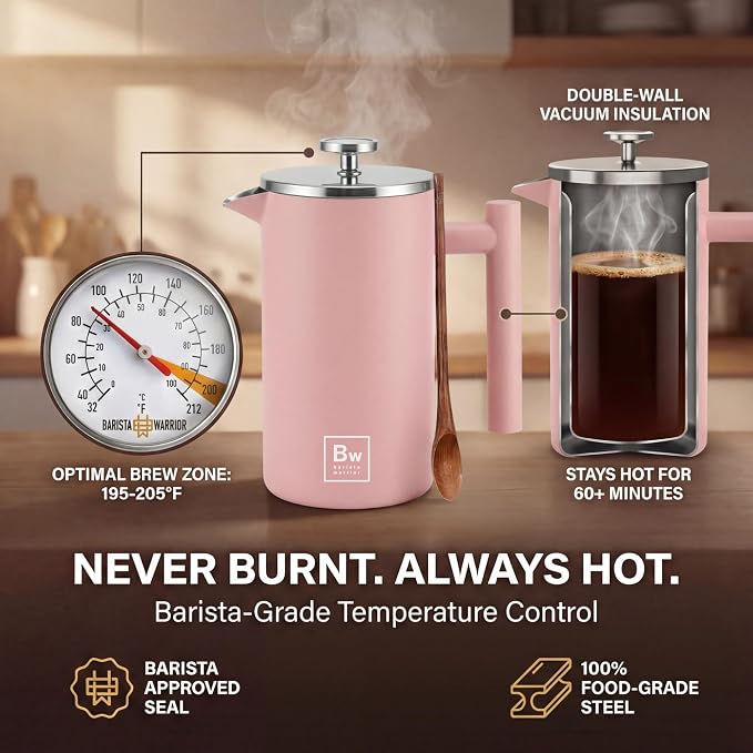 Barista Warrior French Press Coffee Maker - Double-Wall Stainless Steel Insulated French Press with Built-In Thermometer, Dual Filters Coffee Maker with Wooden Spoon - Pink