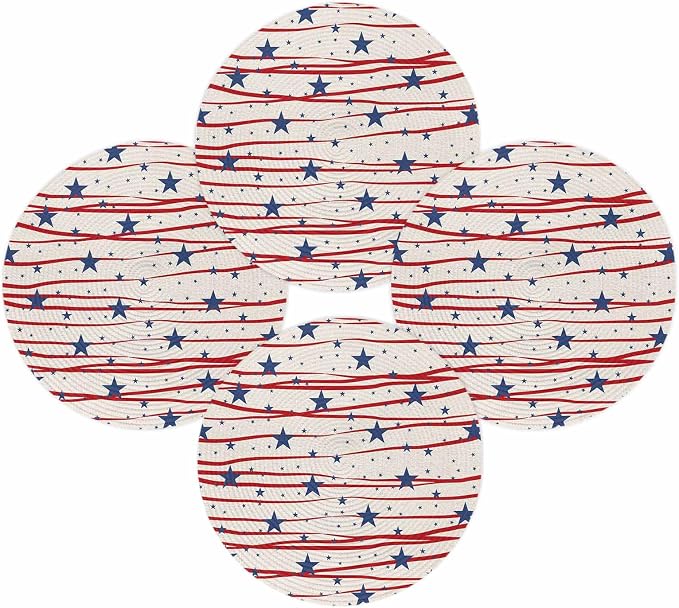 4th of July Round Placemats Set of 4 Patriotic Stars Place Mats Independence Day Woven Placemat Freedom Red Stripes Circle Braided Table Mat for Kitchen Dining Table Holiday Party Decor 15 Inch