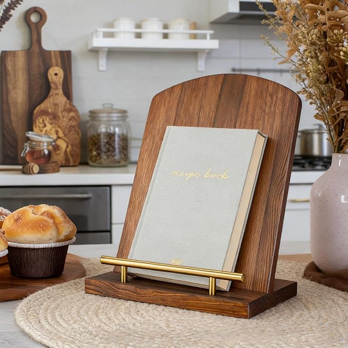 Beautiful Wooden Cookbook Stand for Kitchen Counter, TAQIXI 2 in 1 Recipe Book Holder, Charcuterie Board & Kitchen Serving Tray, Rustic Cook Book Holder Stand for Kitchen (Brown)