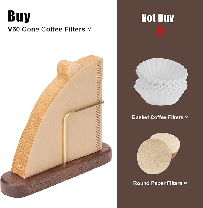 Cone Coffee Filter Holder, Stand Coffee Filter Storage, Coffee Filter Container for V60 Paper Coffee Filters Size #01 and #02, Walnut & Brass