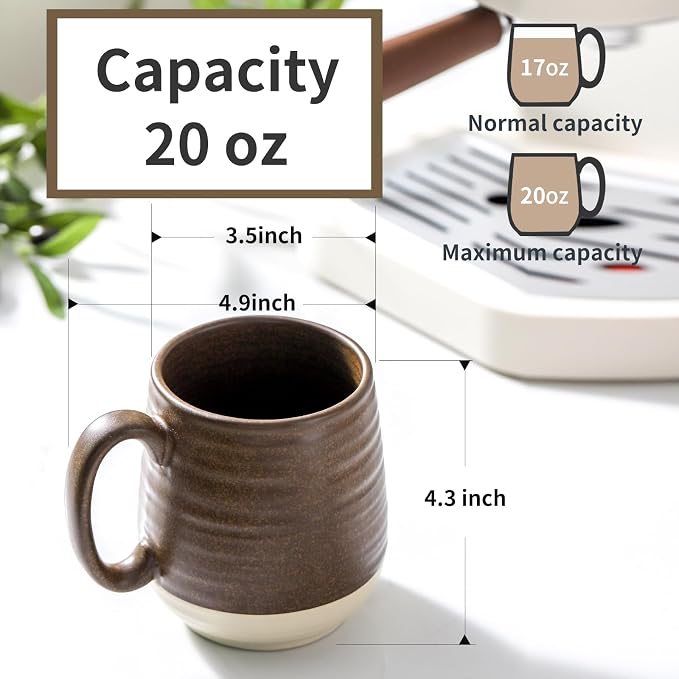 HASENSE 20 oz Coffee Mugs Set of 2 – Large Tea Cups with Comfortable Handle, Perfect for Coffee,Brown Microwave & Dishwasher Safe Mugs for Latte, Hot Cocoa