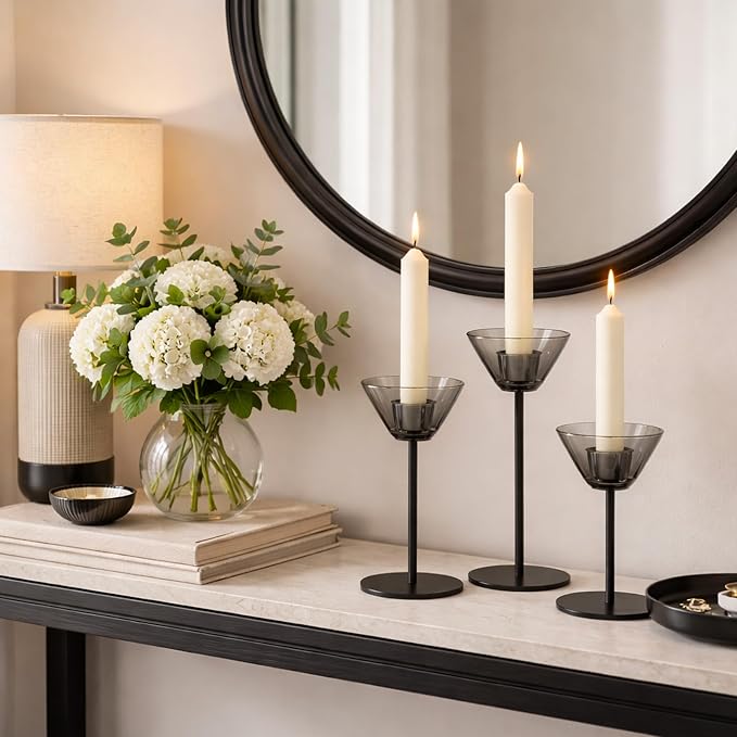 Smytle Smoke‑Gray Candlestick Holders, Set of 3 Smoked Glass Candleholder Sets with Weighted Metal Base, Modern Minimalist Taper Candle Holders for Fireplace Mantel and Table Decor