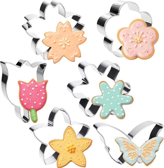 6 PCS Flower Cookie Cutters Set, Stainless Steel Flower Cookie Cutters, Butterfly Cherry Blossom Tulip Daisy Shaped Baking Tools for Home Baking, Party Favors