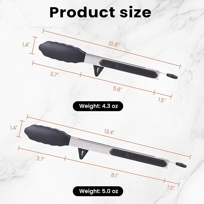 Kitchen Tongs Set of 2 (9” & 12”) – Stainless Steel & Silicone Cooking Tongs with Built-in Stand & Dishwasher Safe – Heat Resistant up to 600°F – Perfect for Grilling, BBQ, Salad & Frying