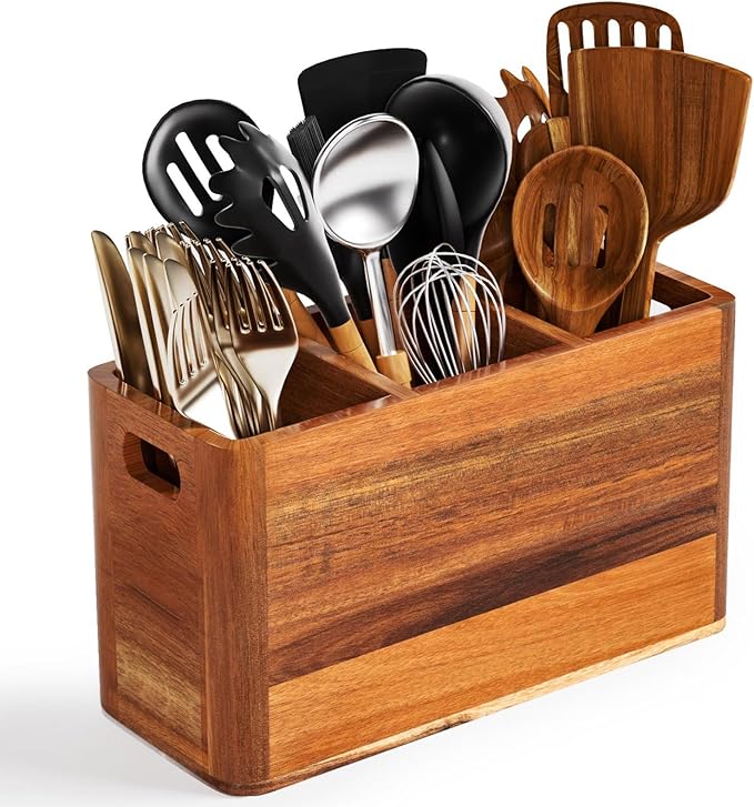 Wooden Utensil Holder for Kitchen Counter or Wall, Large Utensil Holder with 3 Compartment, Acacia Wood Kitchen Utensil Organizer for Storage Spoons & Spatulas, Fall Farmhouse Utensil Crock Container