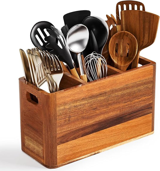 Wooden Utensil Holder for Kitchen Counter or Wall, Large Utensil Holder with 3 Compartment, Acacia Wood Kitchen Utensil Organizer for Storage Spoons & Spatulas, Fall Farmhouse Utensil Crock Container