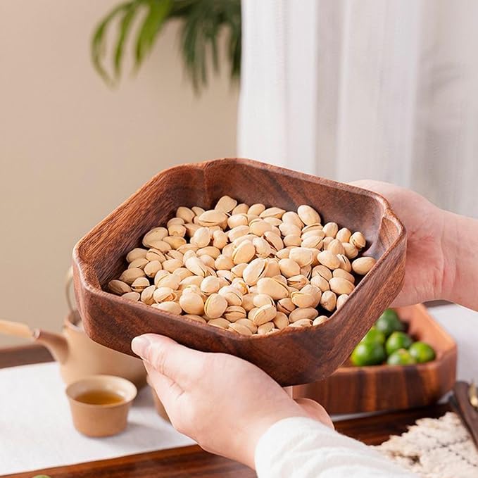 Acacia Wood Serving Tray, 7.8" Square Wooden Bowls for Snacks, Nuts, Fruits & Candy, Decorative Small Wood Catchall Tray for Keys, Jewelry, Entryway Vanity Countertop Organizer