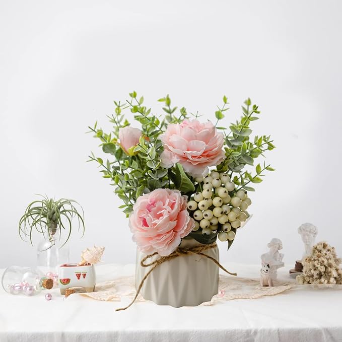 EOBTAIN Fake Flowers in Vase Pink Silk Flowers for Coffee Table Decor Faux Potted Flowers Decoration for Indoor Ceramic Vase with Artificial Plants Flowers Home Decor,Dining Table Centerpiece.