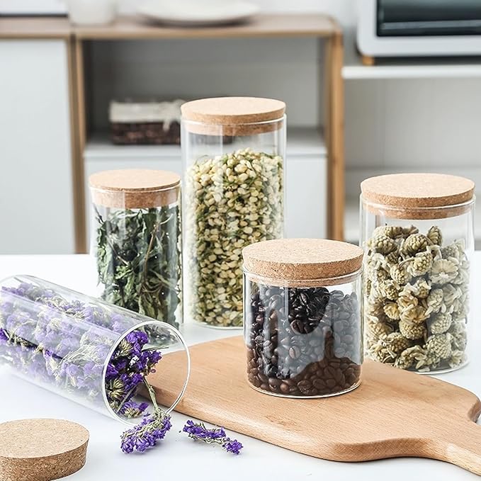 Airtight Glass Storage Containers with cork Lid, for Kitchen Pantry Organization and Storage jar，Ideal for Coffee Beans Snacks Flour Cereal Sugar Tea 16oz. (Circular 3.9 * 3.3in*2pcs)