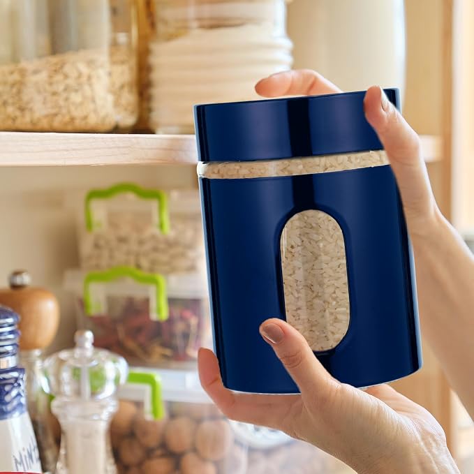 Mimorou 6 Pack Kitchen Canisters Set Airtight Coffee Sugar Tea Storage Jars with Window Glass Stainless Steel Containers with Lids for Flour Cookies Spices Grains Kitchen Decorations(Navy Blue,20 oz)