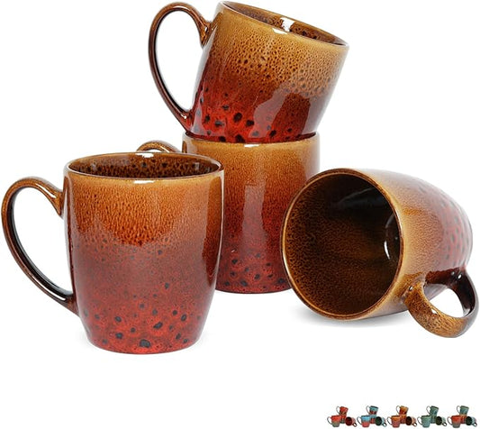 Bosmarlin Ceramic Coffee Mug Set of 4, 17 Oz, Coffee Cups with Big Handle, Microwave Safe, Unique Reactive Glaze (Orange&Red)