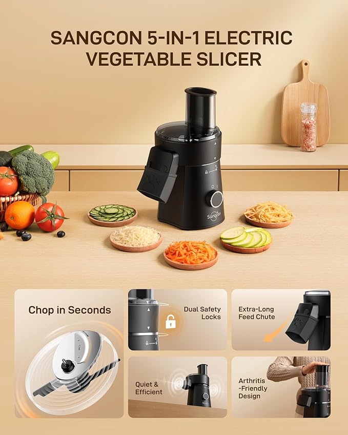 Sangcon Electric Cheese Grater for Block Cheese, 5-in-1 Automatic Salad Shooter & Vegetable Slicer with 5 Stainless Steel Blades, One-Touch Countertop Electric Grater for Cheese, Vegetables, Nuts