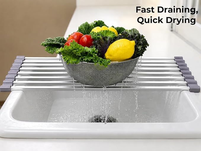 Large Aluminum Roll Up Dish Drying Rack (20.5" x 13") -Fits Sink Openings up to 19.5 Inches, Heavy Duty Square Bar, Rust-Proof & Heat Resistant with Removable Dish Holder (Purple Gray Large)